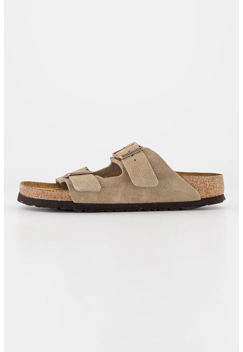 Papuci unisex de piele intoarsa cu catarame ajustabile, Maro taupe