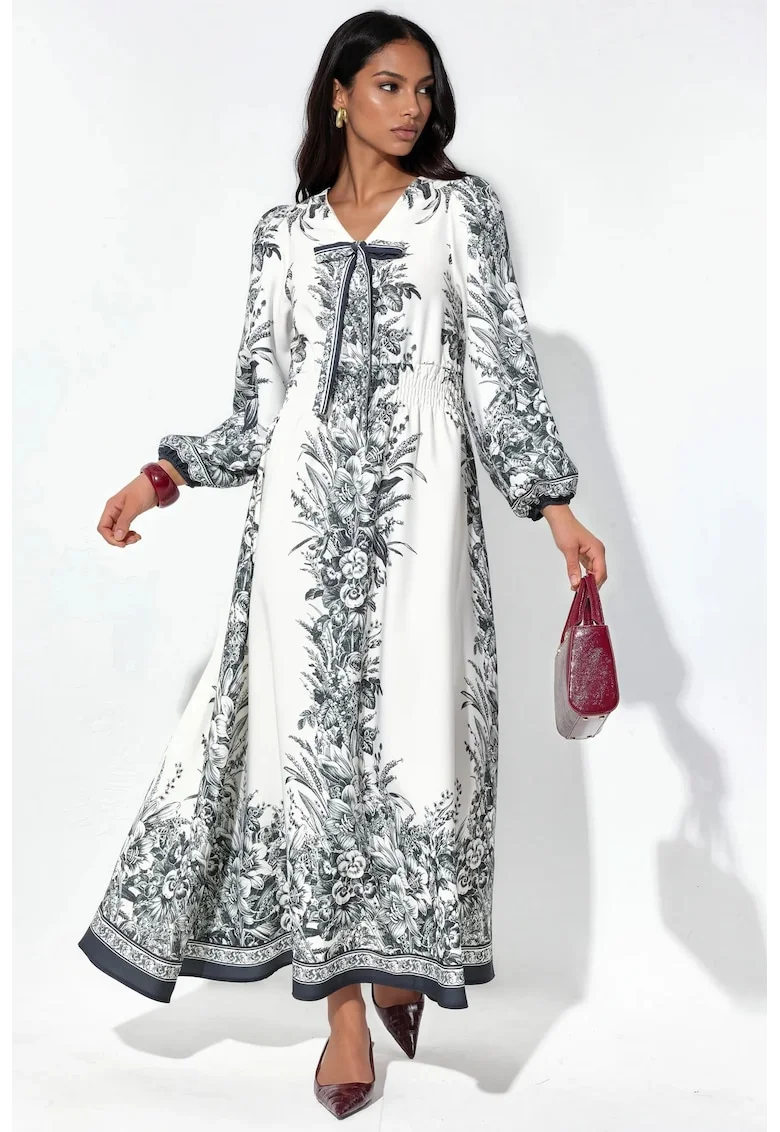 Rochie Maxi,  decolteu in V, detalii cu snur, multicolor, din poliester-lycra