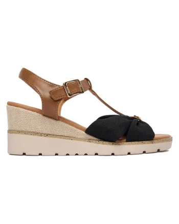 Sandale dama,  negru, textil, inchidere cu catarama, Negru/Maro