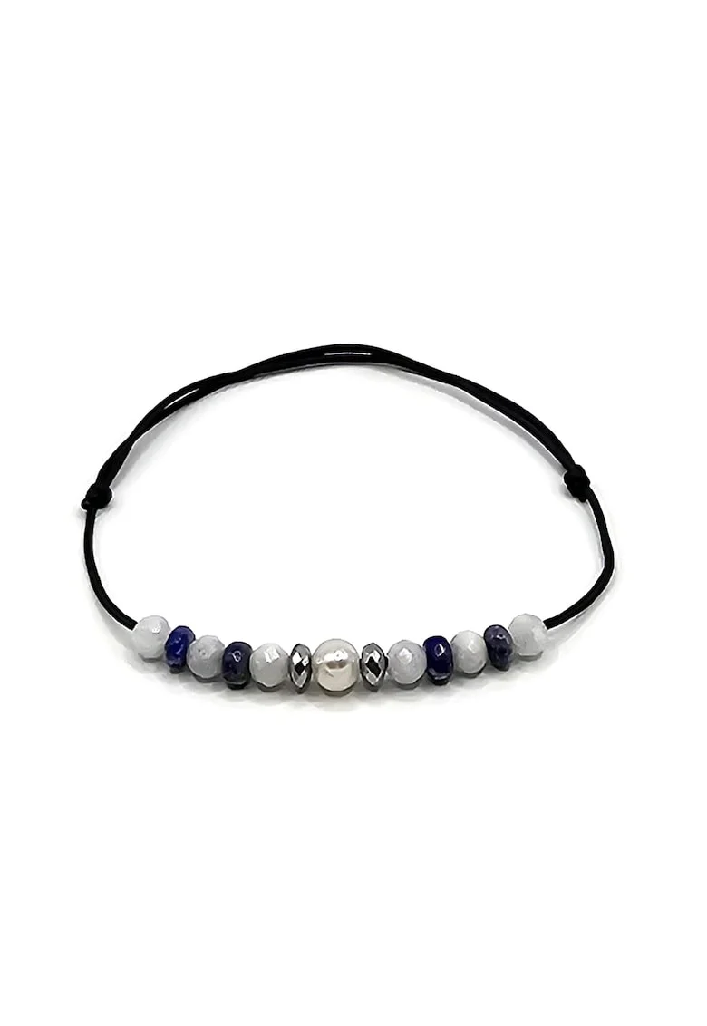 Bratara handmade, ajustabila, zodia Gemeni,  pietre semipretioase Perla de Cultura, Lapis Lazuli, Piatra lunii si Hematit, Negru