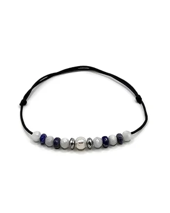 Bratara handmade, ajustabila, zodia Gemeni,  pietre semipretioase Perla de Cultura, Lapis Lazuli, Piatra lunii si Hematit, Negru