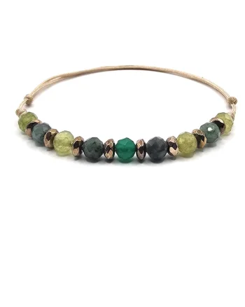 Bratara handmade, ajustabila, zodia Taur,  pietre semipretioase Peridot, Smarald, Hematit si Agat, Bej