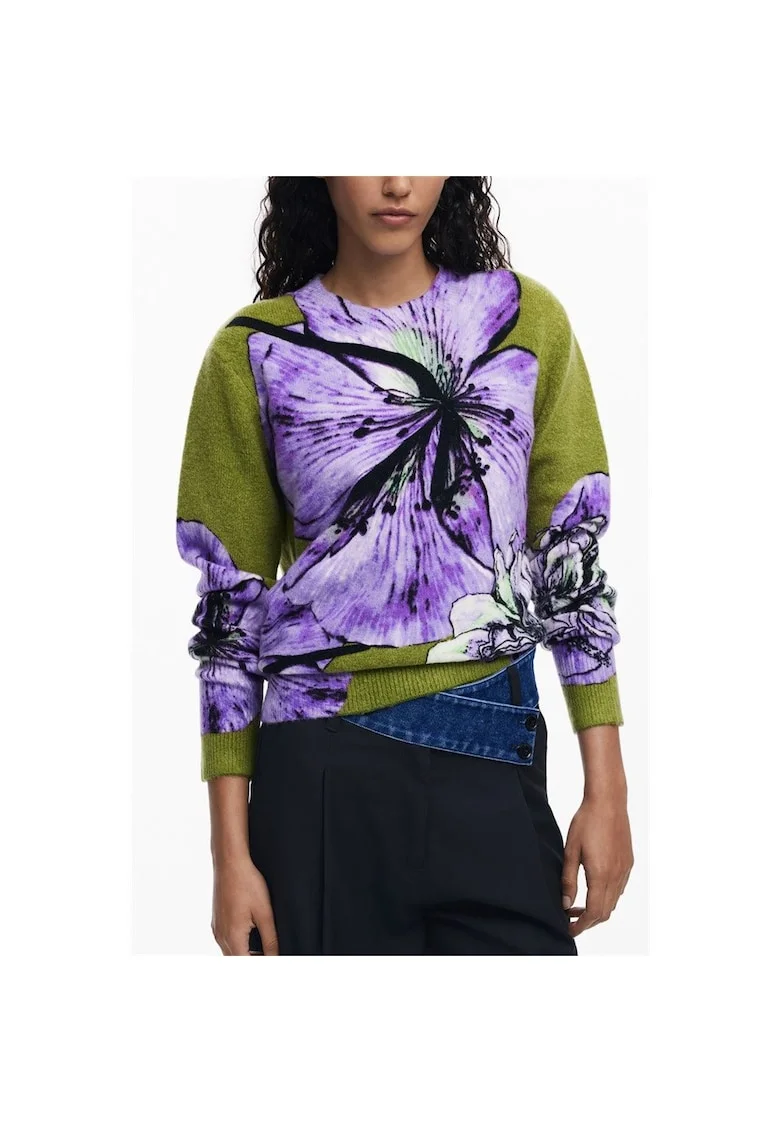 Pulover tricotat cu imprimeu floral, Verde/Mov