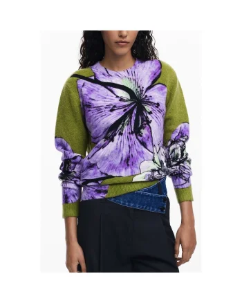 Pulover tricotat cu imprimeu floral, Verde/Mov