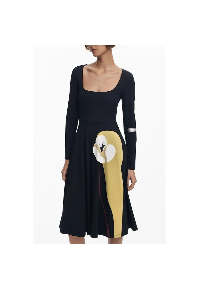 Rochie midi din amestec de bumbac cu decolteu patrat, Bleumarin