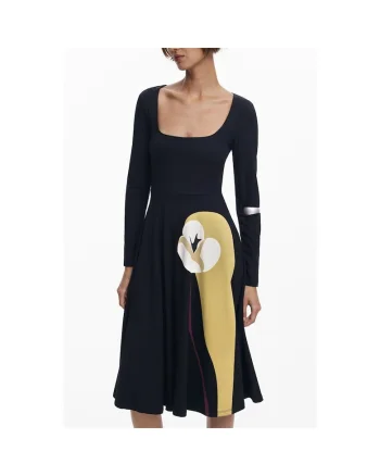 Rochie midi din amestec de bumbac cu decolteu patrat, Bleumarin