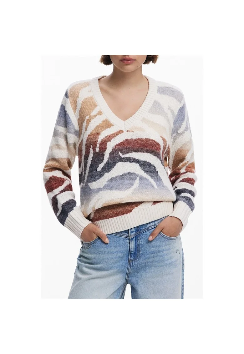 Pulover cu decolteu in V si animal print, Multicolor