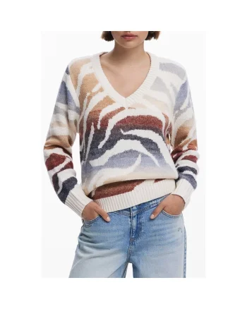 Pulover cu decolteu in V si animal print, Multicolor