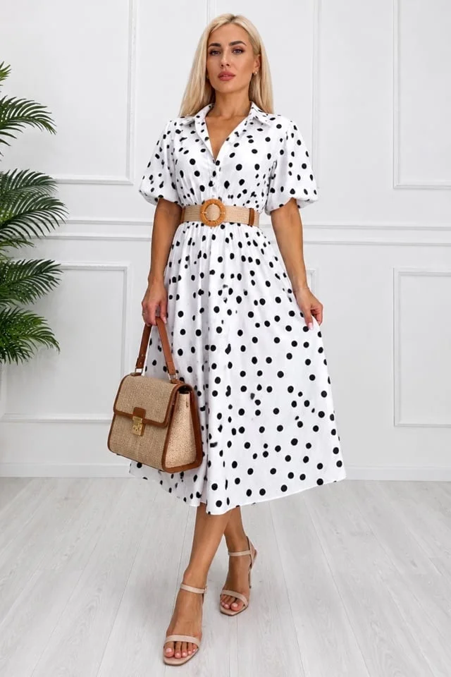 Rochie midi de zi, RAMONEA, cu maneca bufanta și curea texturată, ALB, Marime S/M