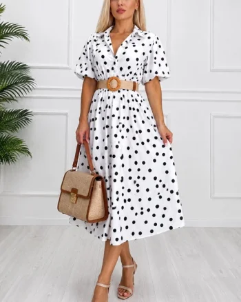 Rochie midi de zi, RAMONEA, cu maneca bufanta și curea texturată, ALB, Marime S/M