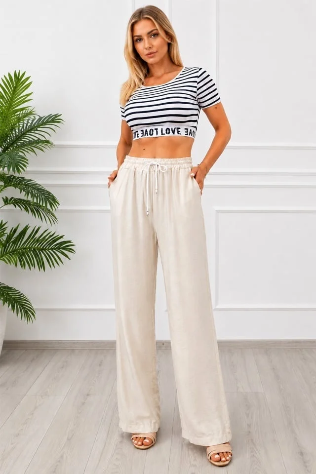 Pantaloni lungi, texturati Marietta, cu snur in talie, CREM