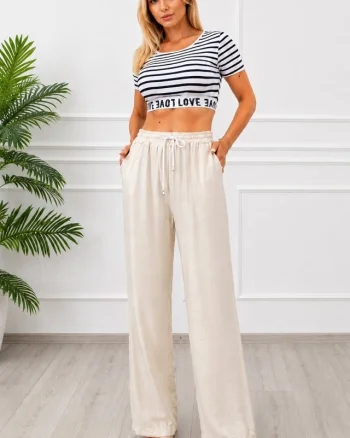 Pantaloni lungi, texturati Marietta, cu snur in talie, CREM