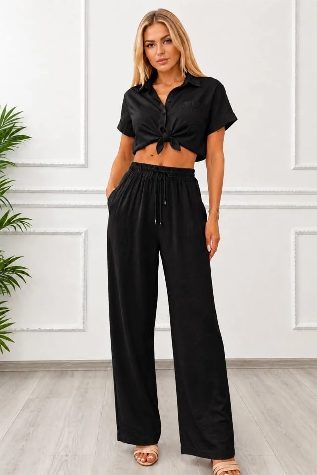 Pantaloni lungi, texturati Marietta, cu snur in talie, NEGRU