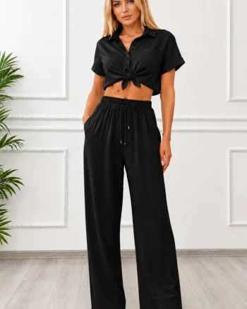 Pantaloni lungi, texturati Marietta, cu snur in talie, NEGRU