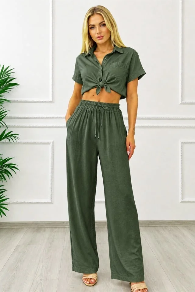 Pantaloni lungi, texturati Marietta, cu snur in talie, Verde