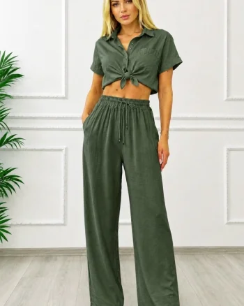 Pantaloni lungi, texturati Marietta, cu snur in talie, Verde