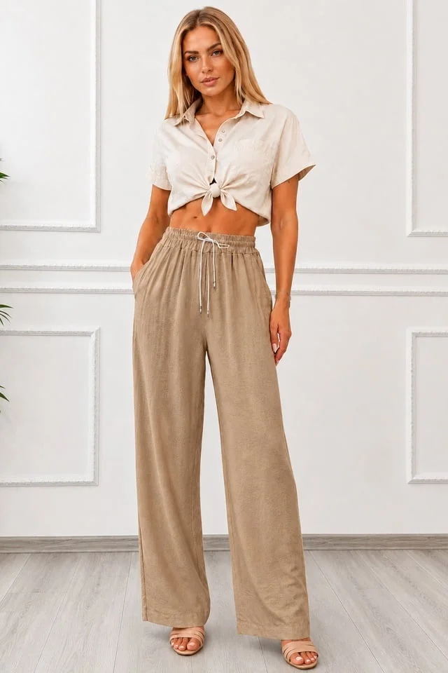 Pantaloni lungi, texturati Marietta, cu snur in talie, Bej