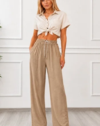 Pantaloni lungi, texturati Marietta, cu snur in talie, Bej