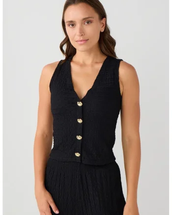 Top cu aspect texturat si decolteu in V, Negru