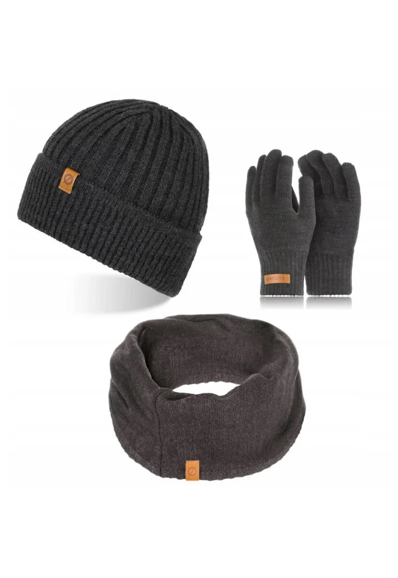 Set caciula cu manusi si fular Brodrene, Acril, Universal, Gri inchis