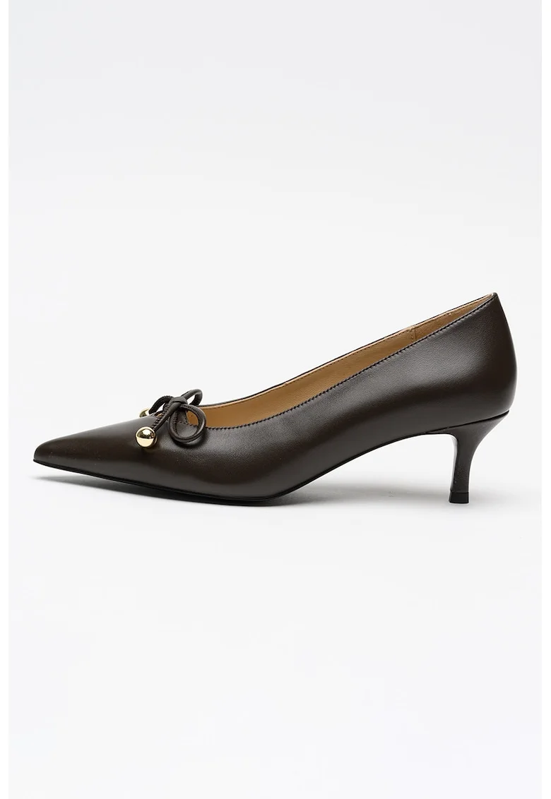 Pantofi de piele cu toc si funda Poppy, Maro inchis
