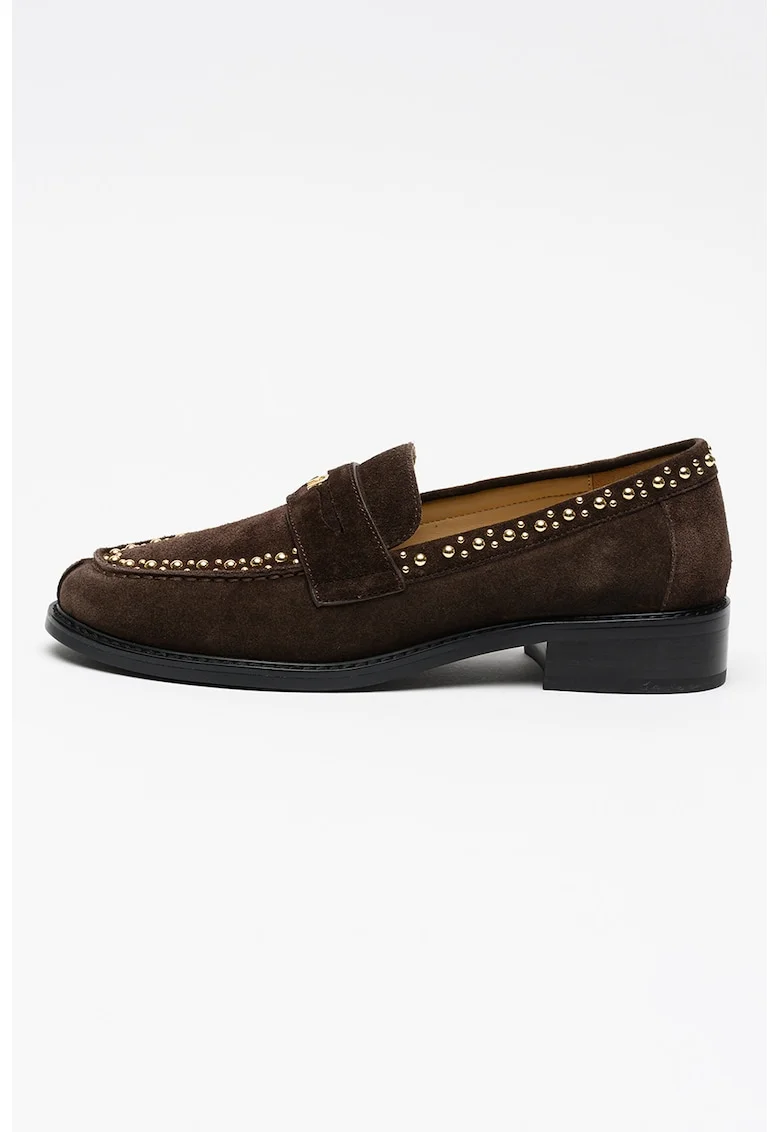 Pantofi loafer de piele intoarsa cu margele, Maro inchis