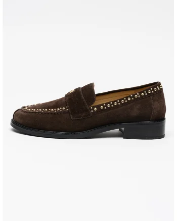 Pantofi loafer de piele intoarsa cu margele, Maro inchis