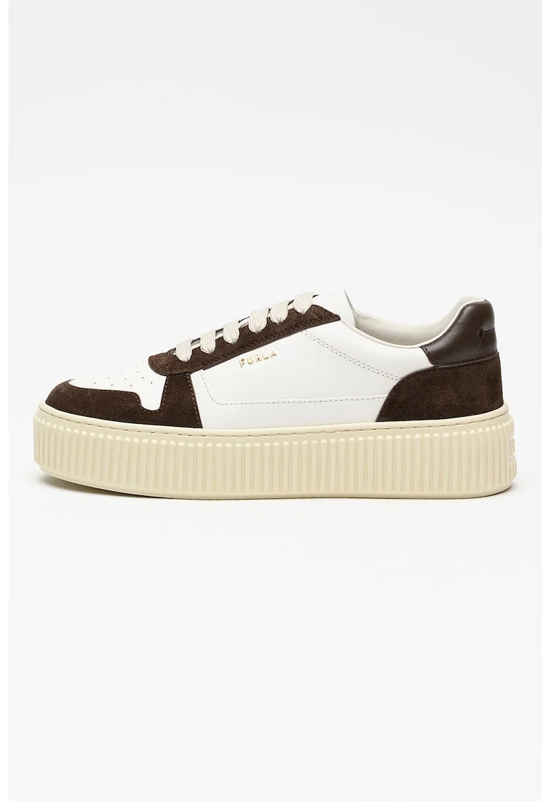 Pantofi sport flatform de piele intoarsa si piele, Maro inchis/Alb optic