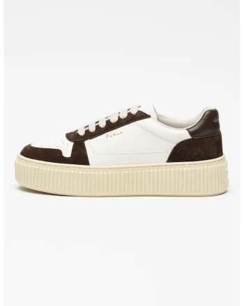 Pantofi sport flatform de piele intoarsa si piele, Maro inchis/Alb optic