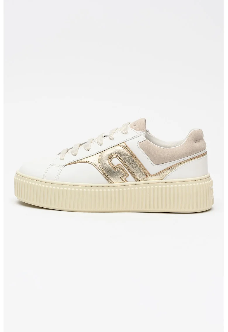 Pantofi sport flatform cu monograma in relief, Auriu/Alb optic