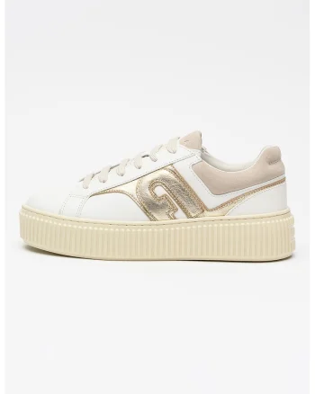 Pantofi sport flatform cu monograma in relief, Auriu/Alb optic