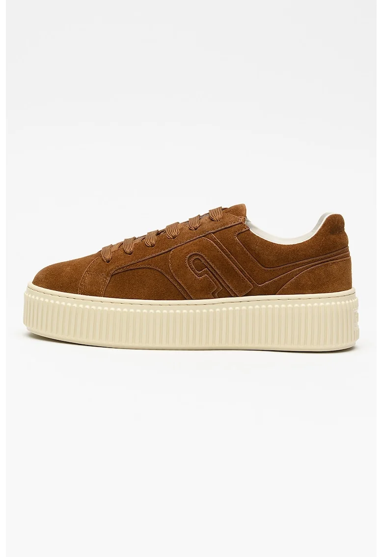Pantofi sport flatform de piele intoarsa cu monograma in relief, Maro cognac