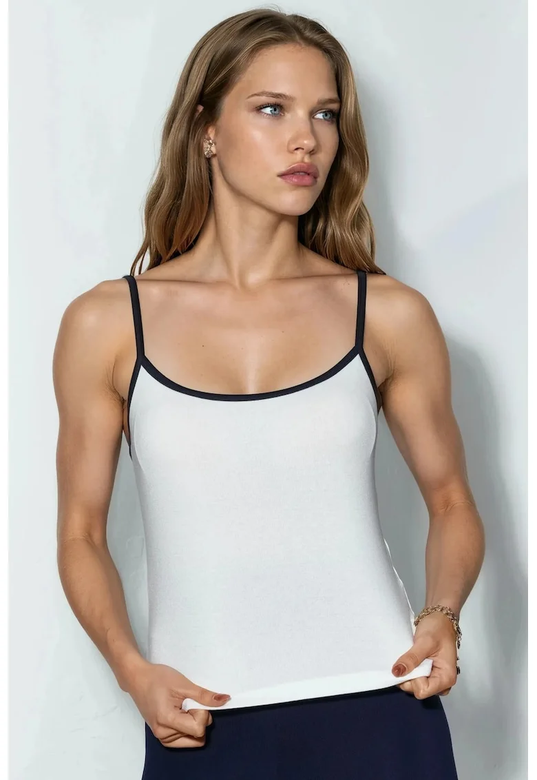Top Cami  fara maneci, alb, amestec de modal si bumbac, croiala regulara,