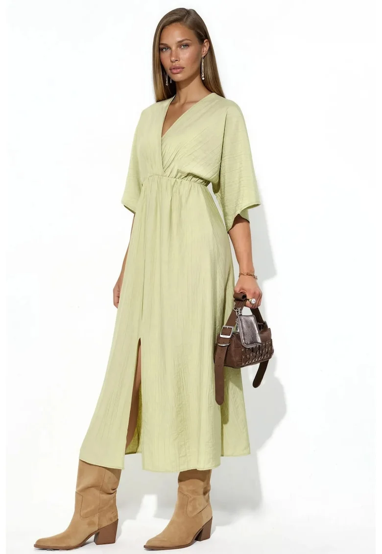 Rochie midi,  verde masliniu, decolteu in V, maneci trei sferturi, 100% poliester,