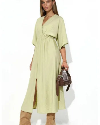 Rochie midi,  verde masliniu, decolteu in V, maneci trei sferturi, 100% poliester,
