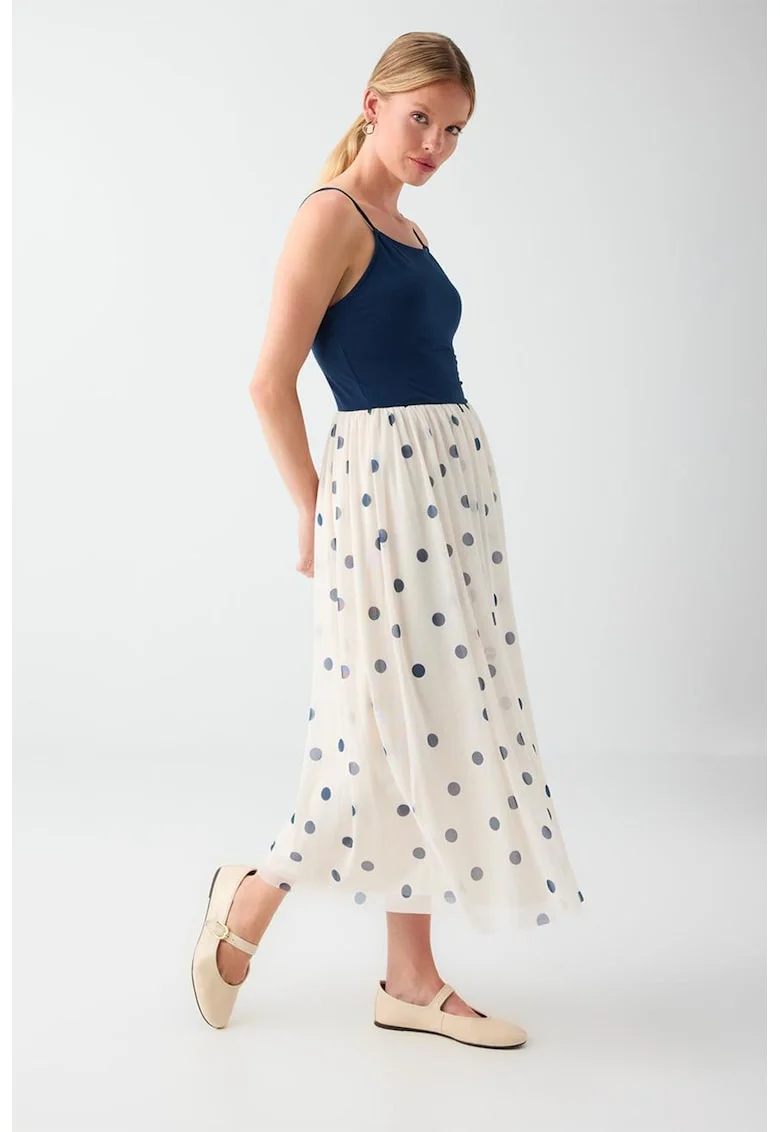 Rochie cu buline si decolteu patrat, Albastru ultramarin/Crem