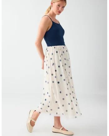 Rochie cu buline si decolteu patrat, Albastru ultramarin/Crem