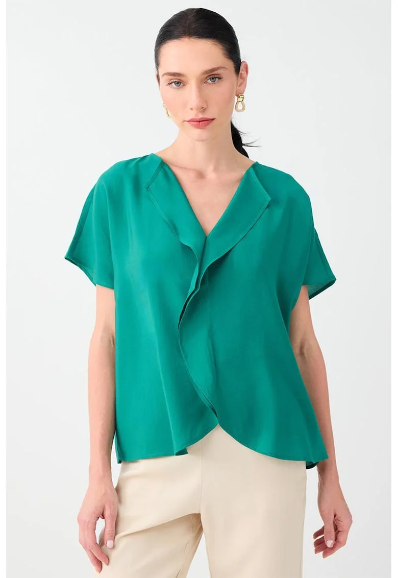 Bluza din amestec de modal cu maneci scurte si drapaje, Verde smarald