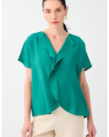 Bluza din amestec de modal cu maneci scurte si drapaje, Verde smarald