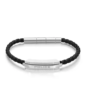 Bratara impletita de piele cu logo, Negru/Argintiu