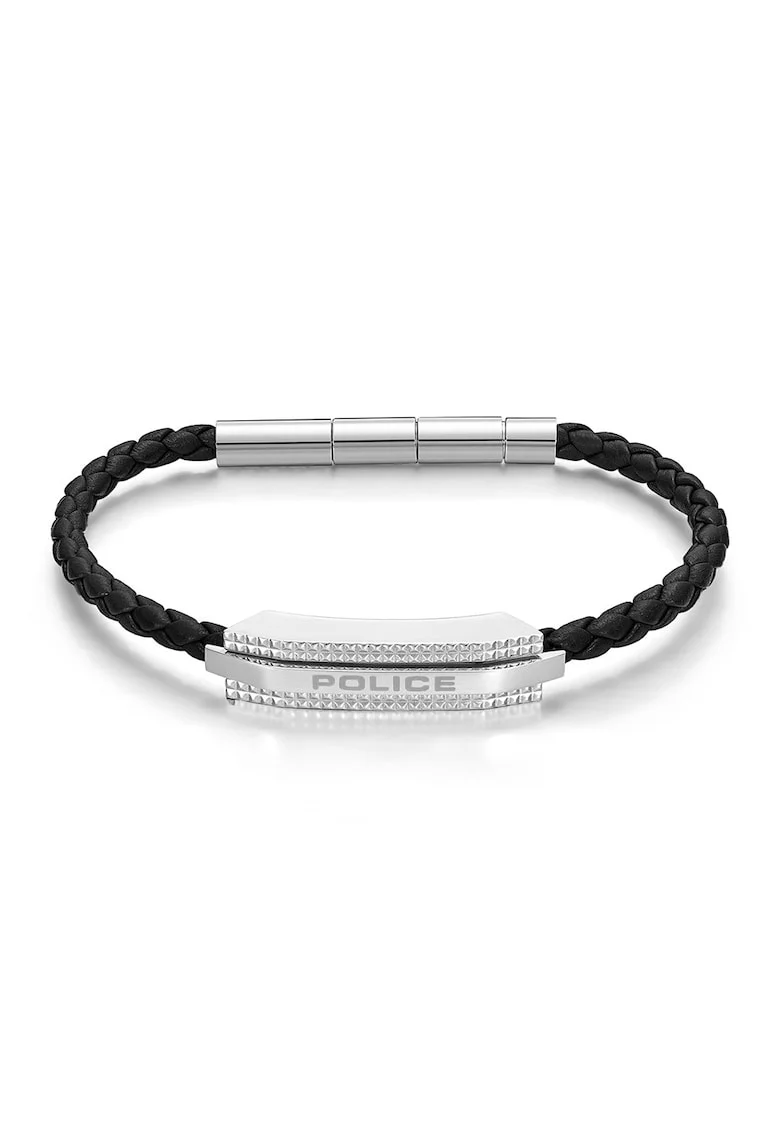 Bratara impletita de piele cu logo, Negru/Argintiu