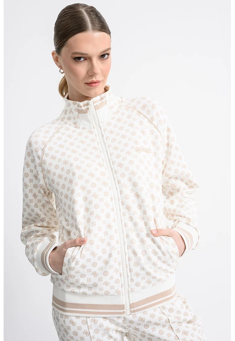 Bluza de trening cu fermoar, guler mediu si monograma, Alb fildes/Bej