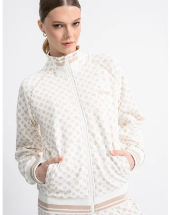 Bluza de trening cu fermoar, guler mediu si monograma, Alb fildes/Bej