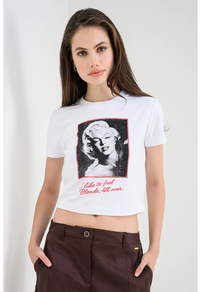 Tricou cu imprimeu si decolteu la baza gatului, Negru stins/Alb optic