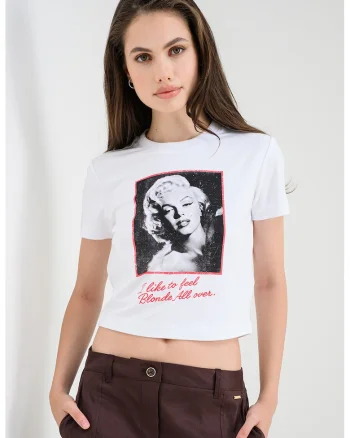 Tricou cu imprimeu si decolteu la baza gatului, Negru stins/Alb optic
