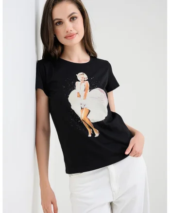 Tricou de bumbac cu imprimeu, Alb fildes/Negru
