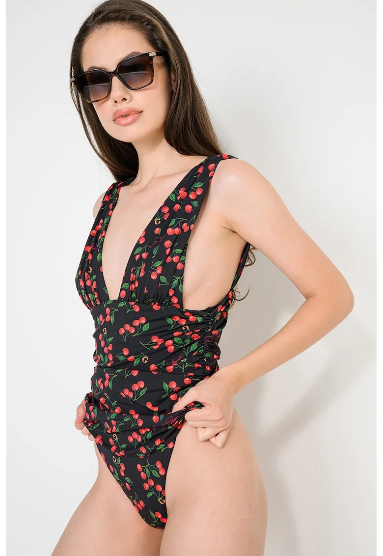 Costum de baie intreg cu model grafic, Negru/Rosu cireasa