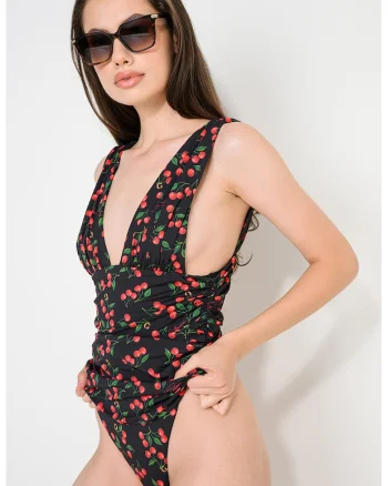 Costum de baie intreg cu model grafic, Negru/Rosu cireasa