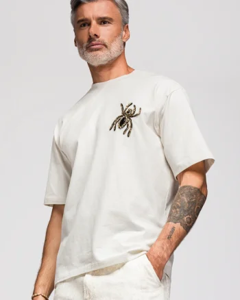 Tricou barbati loose fit cu aplicatie decorativa paianjen, decolteu rotund, mansete scurte OM-TSCT-0277, Alb murdar,