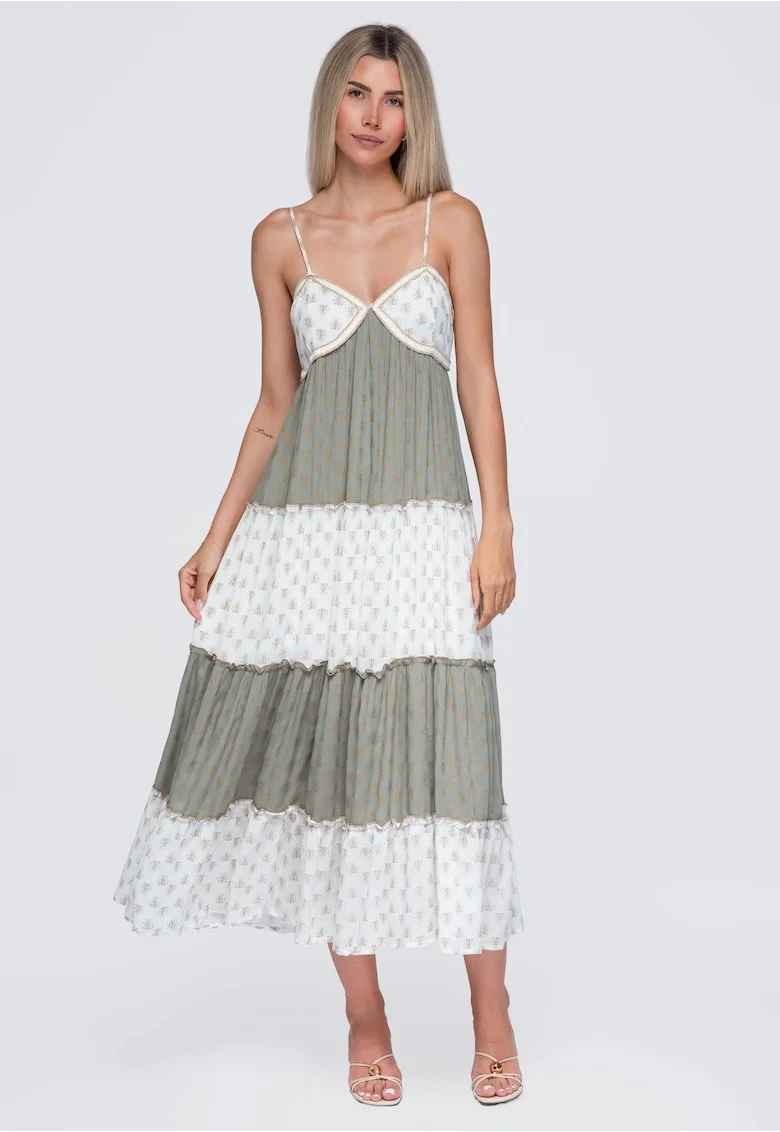 Rochie maxi dama lejera, decolteu in V, bretele ajustabile OW-DLR-E0007, Verde,